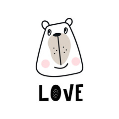 Love - Cute hand drawn nursery poster with cartoon bear animal character and lettering in scandinavian style.