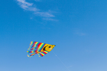 A fun and bright flying kite in the blue sky