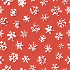 Christmas seamless pattern of snowflakes with shadows, white on orange background