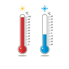 Thermometer icon. Hot and cold temperature on celsius. Blue and red thermometer.