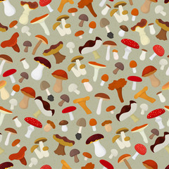 Vector seamless background with mushrooms on a gray background
