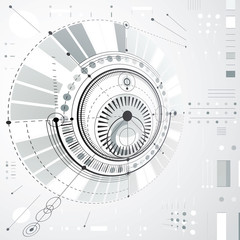 Dimensional abstract circular mechanical scheme, 3d technological pattern. Vector industrial and engineering background.