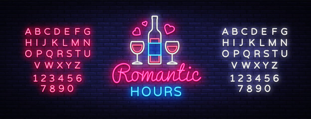 Romantic Dinner neon sign vector. Romantic Hour Logotype, Emblem in Modern Trend Design, Vector Template, Light Banner, Night Romantics, Design Element. Vector. Editing text neon sign