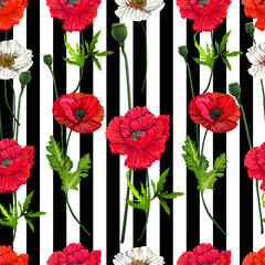 Poppy flowers seamless,Floral pattern on white and black stripe background
