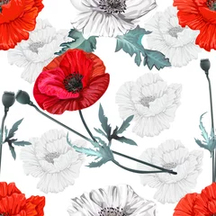 Fotobehang Klaprozen Poppy bloemen naadloos, bloemmotief op wit en silhouet achtergrond