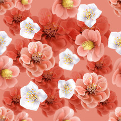 Chinese plum and peony flowers pink color seamless background pattern,vector illustration