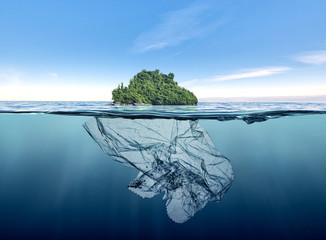 iceberg of garbage plastic with island floating in the ocean - obrazy, fototapety, plakaty