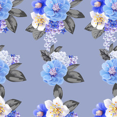 Chinese plum flowers blue color seamless background pattern,vector illustration