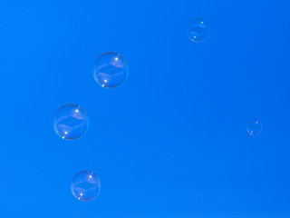 Soap bubbles in flight against the blue sky