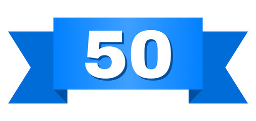 50 text on a ribbon. Designed with white caption and blue stripe. Vector banner with 50 tag.