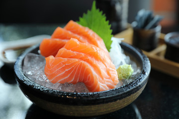 Salmon sashimi on ice Japanese food