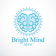 Bright Mind vector logo or icon with human anatomical brain. Thinking and brainstorming concept.
