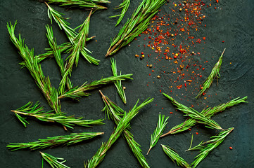 dark creative background of fresh rosemary and spices.Healthy food, vegan or diet nutrition concept, natural light, copy space, closeup,