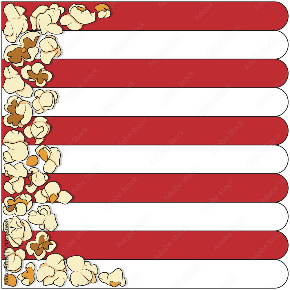 Poster striped background with grains of popcorn. vector illustration with isolated objects.