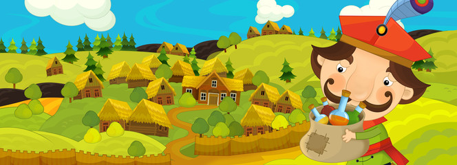 Obraz na płótnie Canvas cartoon scene with farmer near the farm village - illustration for children