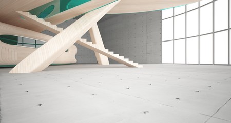 Empty dark abstract concrete and wood smooth interior. Architectural background. 3D illustration and rendering