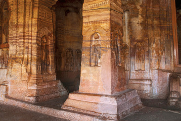 Cave 4 : Jaina Tirthankara images engraved on the inner pillars and walls. Badami caves, Badami, Karnataka.