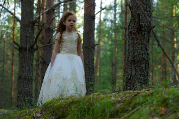 Obraz na płótnie Canvas Little girl walks in a summer forest in a dress