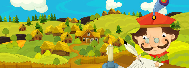 cartoon scene with farmer near the farm village - illustration for children