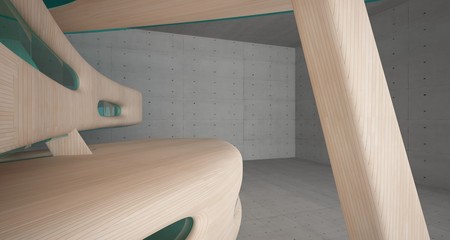 Empty dark abstract concrete and wood smooth interior. Architectural background. 3D illustration and rendering