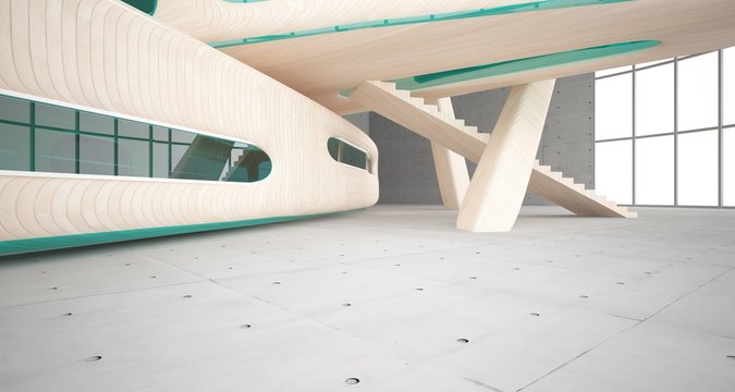 Empty dark abstract concrete and wood smooth interior. Architectural background. 3D illustration and rendering