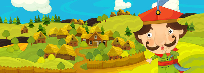 cartoon scene with farmer near the farm village - illustration for children