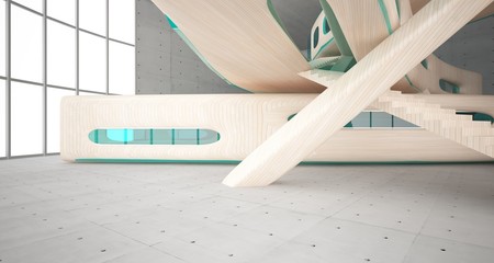 Empty dark abstract concrete and wood smooth interior. Architectural background. 3D illustration and rendering
