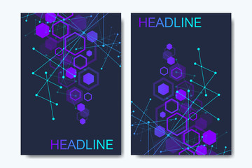 Business vector templates for brochure, cover, flyer, annual report, leaflet. Abstract composition with molecule structure, dots, lines. Wave flow. Science, medicine, technology background.
