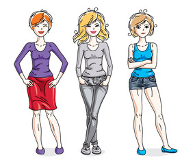 Happy young adult girls female standing in stylish casual clothes. Vector characters set. Fashion and lifestyle theme cartoons.