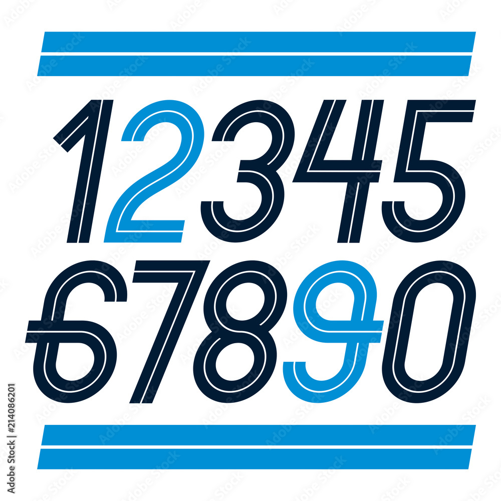 Poster set of vector thin rounded numerals made with white lines, can be used as business logo design eleme