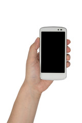 close up hand hold smartphone isolated.