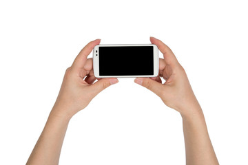 close up hand hold smartphone isolated.