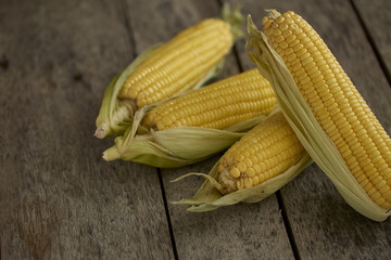 Fresh sweet corn on wooden table