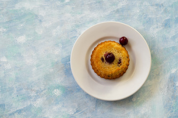 Fresh sponge cake with cherries on rustic wooden background