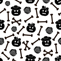 Seamless pattern with black pumpkins, roses and bones on the white background.