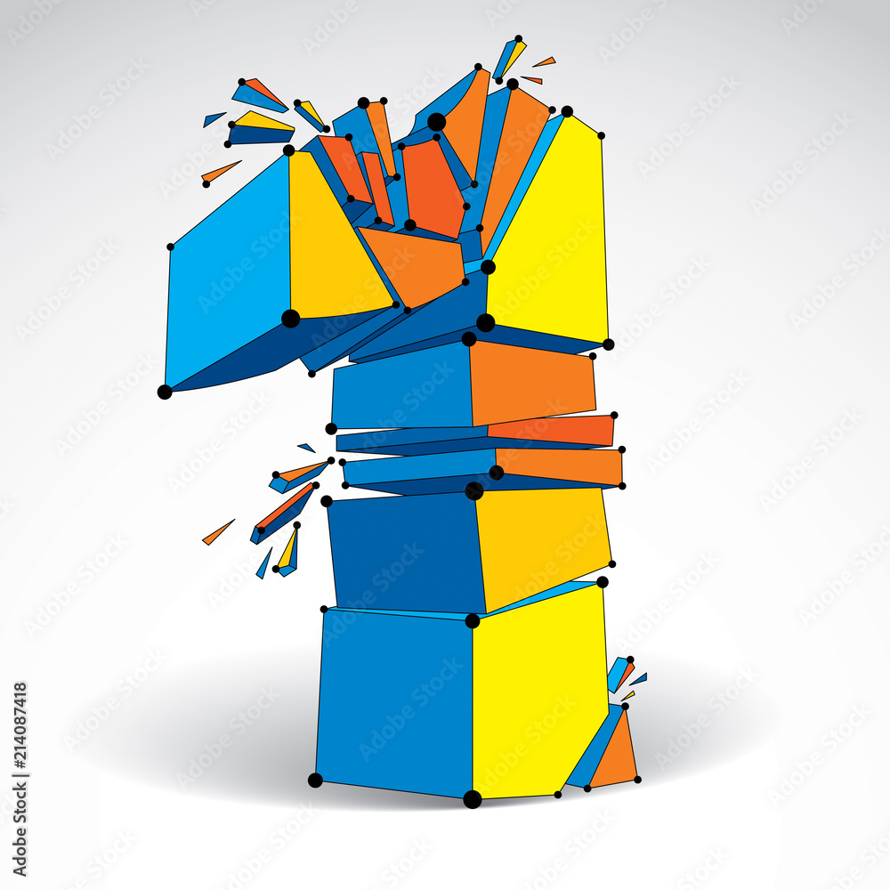 Poster 3d vector digital wireframe number one broken into different particles, geometric polygonal numerati
