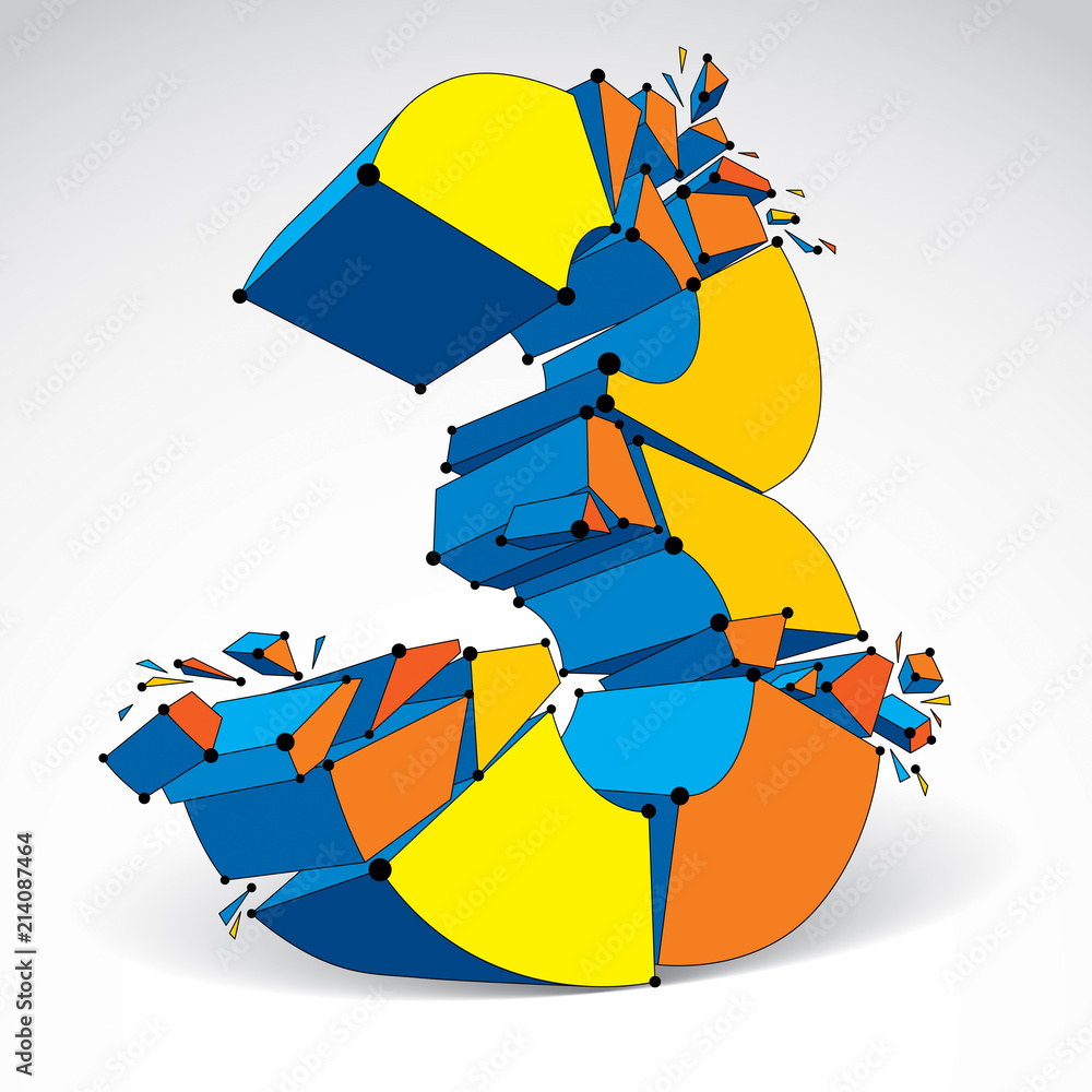 Poster 3d vector low poly colorful number 3 with black connected lines and dots, geometric wireframe font w