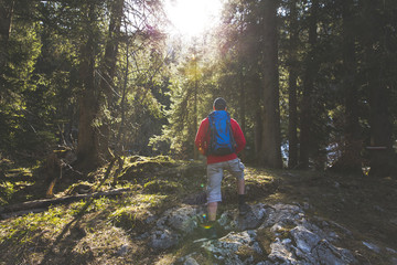 Obraz premium hiking man with blue backpack and red sweater in the forest
