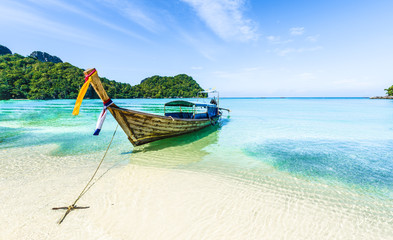 Traditional longtail boats parking, Andaman Sea, Phi Phi island, Krabi Province, Thailand