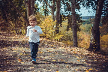 Cute smiling boy running in autumn park