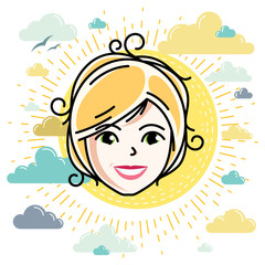 Beautiful women face, human head. Vector character, attractive blonde lady face features.