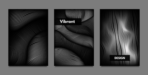 Distortion of Lines. Abstract Backgrounds with Vibrant Gradient and Wavy Stripes. Monochrome Cover Templates Set with Volume and Metallic Effect. Distorted Shapes for Business Presentation, Brochure.