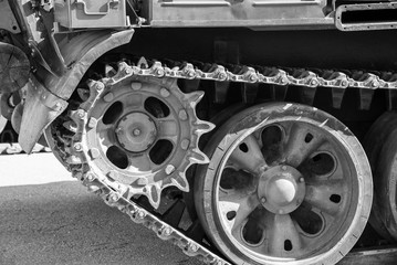 Caterpillar of the tank close-up black-and-white frame