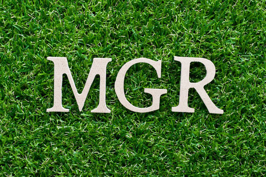 Wood alphabet in word mgr (abbreviation of manager) on artificial green grass background