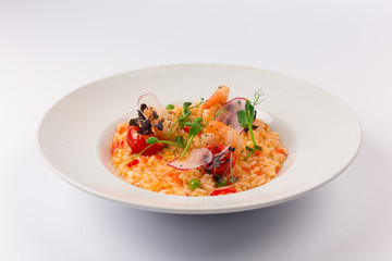 Front and Top View Isolated - Risotto spring with shrimp Seafood.