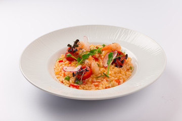 Front and Top View Isolated - Risotto spring with shrimp Seafood.