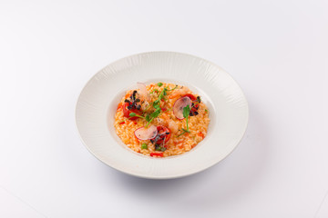 Front and Top View Isolated - Risotto spring with shrimp Seafood.