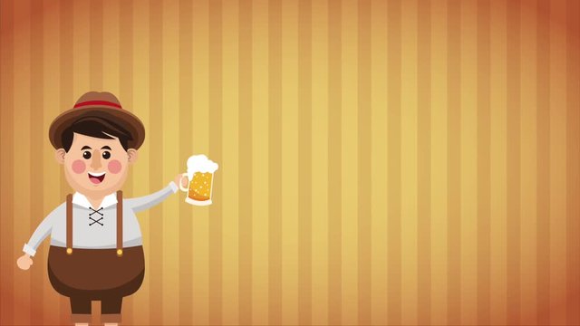 Bavarian man with beer cartoon over striped background High definition animation colorful scenes