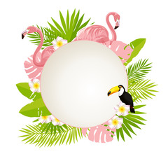 Naklejka premium Summer design template. Tropical leaves, toucan and flamingo vector illustration