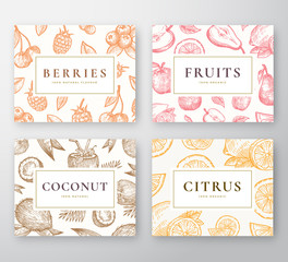 Hand Drawn Coconut, Citrus, Berries and fruits Cards Set. Abstract Vector Sketch Backgrounds Collection with Classy Retro Typography. Coconuts, Cherries, Lemon, Apple and Pear Sketches.